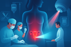 Medical illustration of cervical cancer treatment options including surgery, radiotherapy, and chemotherapy