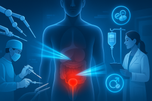 Medical illustration of prostate cancer treatment including surgery, radiotherapy, hormone therapy, and chemotherapy
